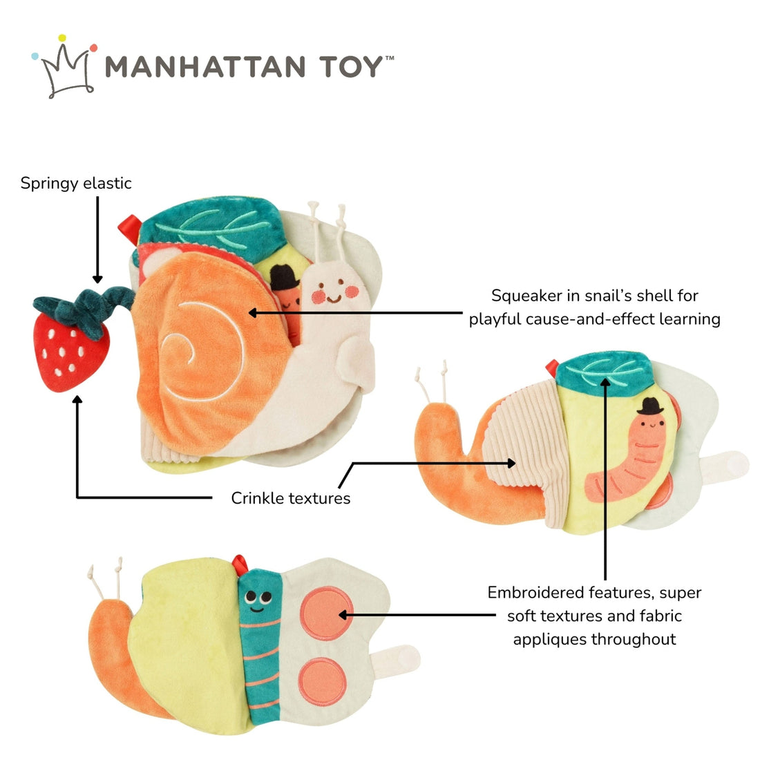 Manhattan Toy Silly Snail Sensory Book - feature callouts for squeaker crinkle textures and appliques
