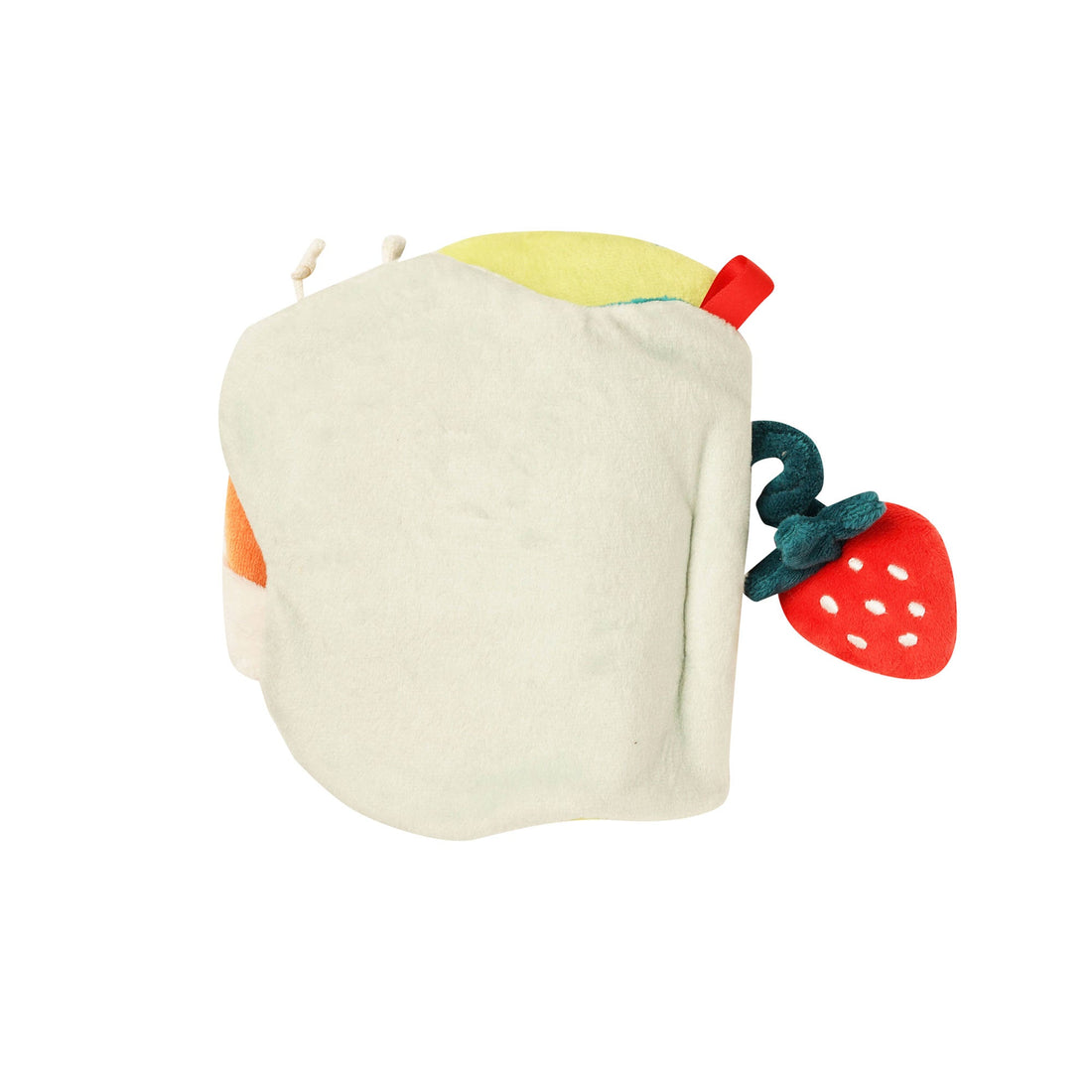 Manhattan Toy Silly Snail Sensory Book - plain back page with elastic strawberry attachment