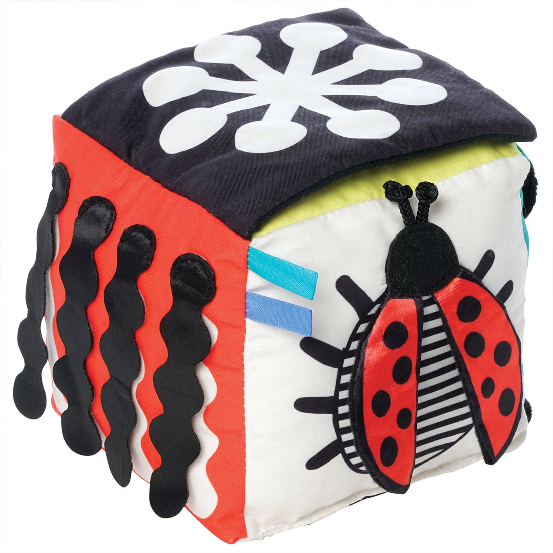 Manhattan Toy Wimmer Discovery Cube - ladybug panel beside textured fabric strips