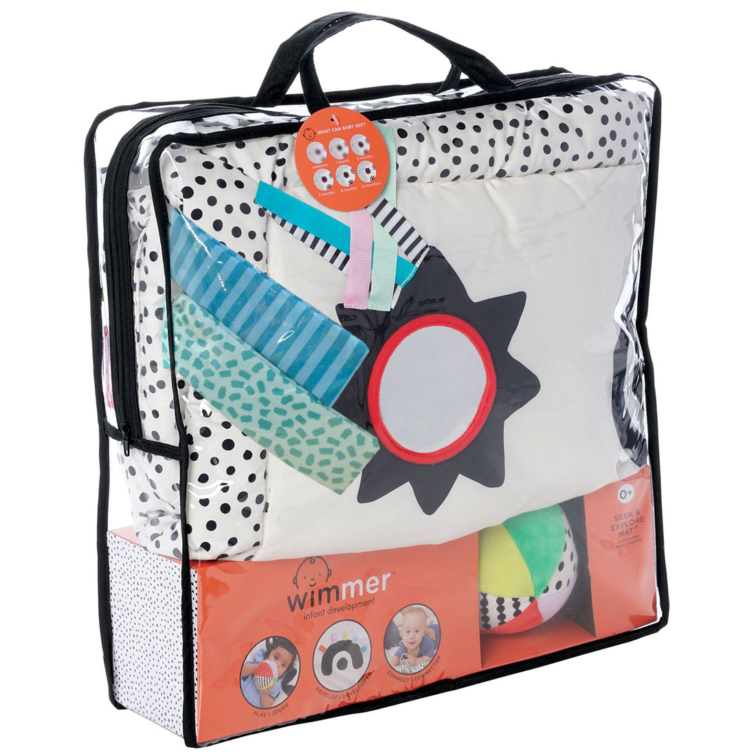 Manhattan Toy Wimmer Seek & Explore Mat - packaged set in handled storage bag side angle