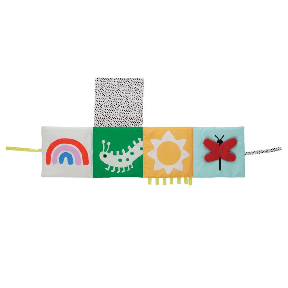 Manhattan Toy Wimmer Seek & Peek Book fabric activity strip with colorful patches and ribbons for baby exploration.