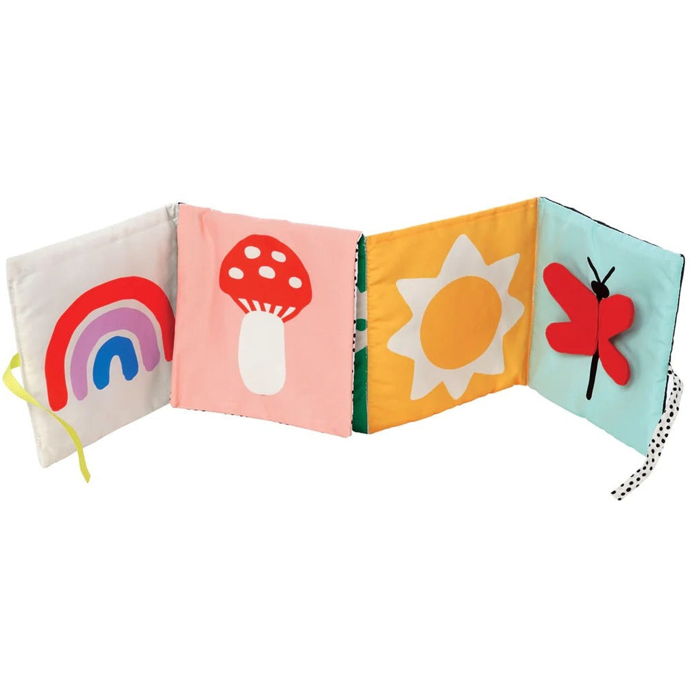 Manhattan Toy Wimmer Seek & Peek Book soft fabric activity book with colorful panels featuring rainbow, mushroom, sun, butterfly.