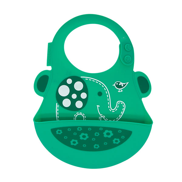Marcus & Marcus baby bib, green silicone bib with pocket and stitched elephant motif.