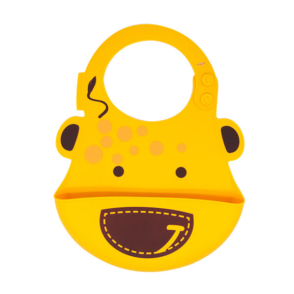 Marcus & Marcus Baby Bib in bright yellow silicone with front pocket and smiley-face design