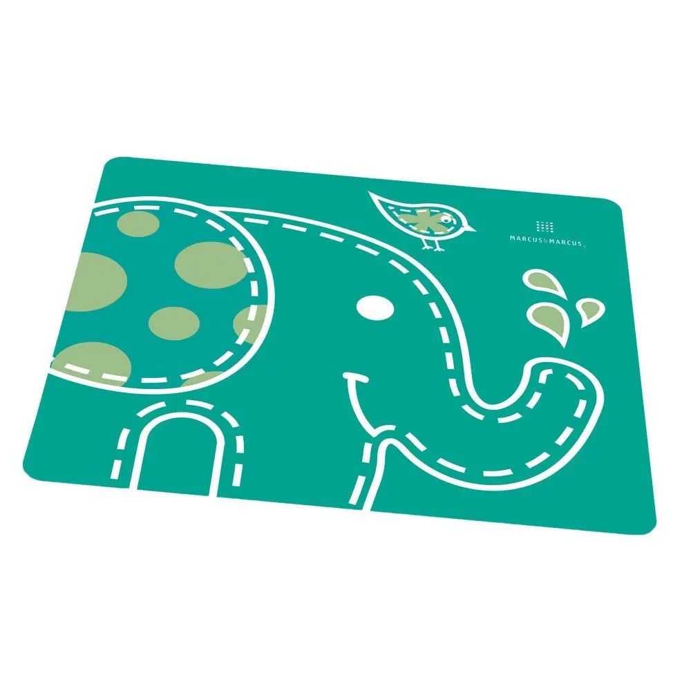Marcus & Marcus Baby Placemat in teal featuring a stitched road design and playful elephant motif.