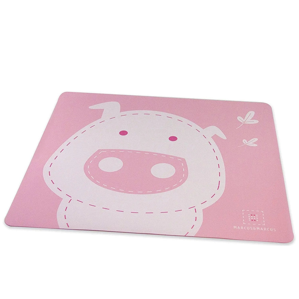 Marcus & Marcus Baby Placemat pink pig design with stitched border, kid-friendly, easy-clean mealtime mat.