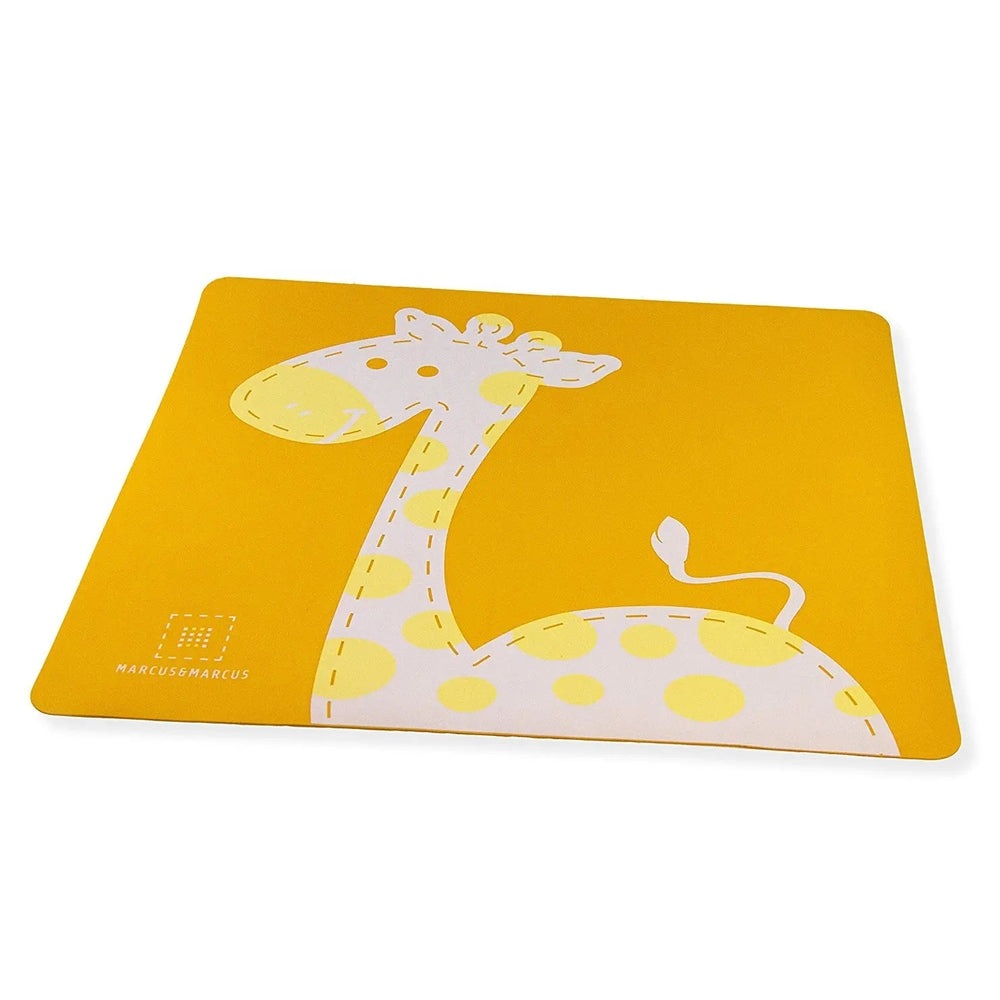 Marcus & Marcus Baby Placemat with a white giraffe on a bright yellow background, adding playful mealtime cheer.