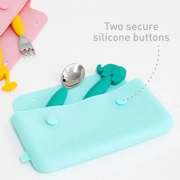 Marcus & Marcus Cutlery Pouch, light blue silicone, with two teal utensils tucked into slots.