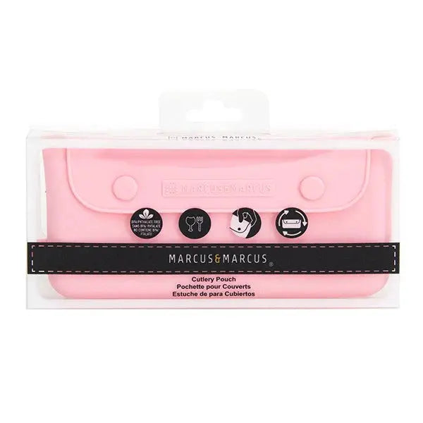 Marcus & Marcus Cutlery Pouch pink shown in clear packaging with snap closures for on-the-go feeding
