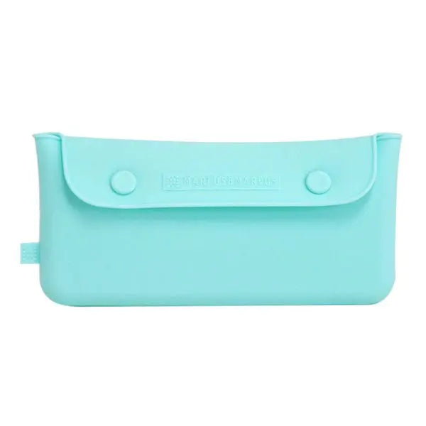 Marcus & Marcus Cutlery Pouch in teal silicone with snap flap closed for on-the-go feeding.