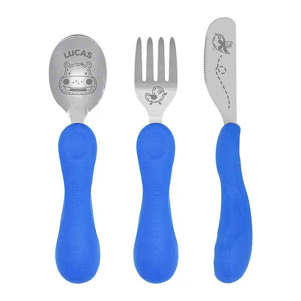 Marcus & Marcus Easy Grip Cutlery Set: three blue-handled stainless steel infant utensils laid out for mealtime.