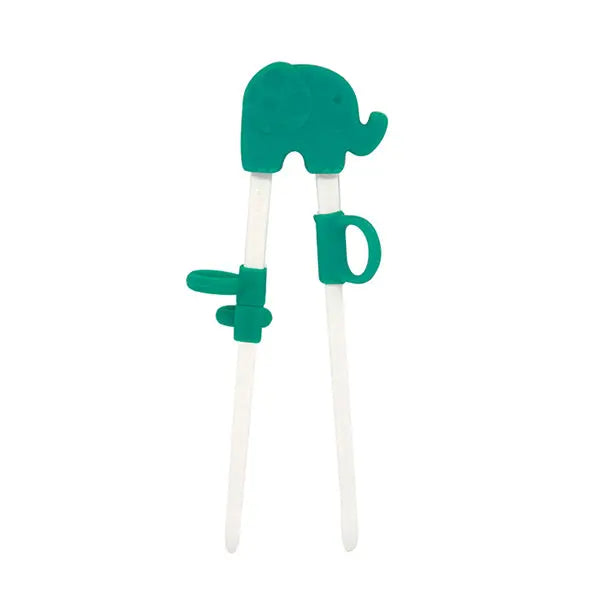 Marcus & Marcus Learning Chopsticks with green elephant top, two white sticks and adjustable finger clips.