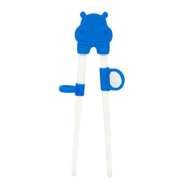 Marcus & Marcus Learning Chopsticks with blue hippo top and white training sticks held apart for easy grip.