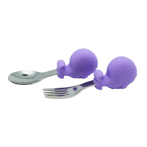Marcus & Marcus Palm Grasp Fork And Spoon set with purple silicone handles; two toddler utensils designed for easy grip