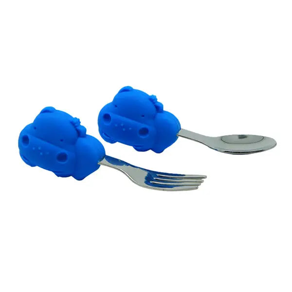 Marcus & Marcus Palm Grasp Fork and Spoon set, blue silicone palm-grasp handles, two-piece toddler feeding set laid on white surface.