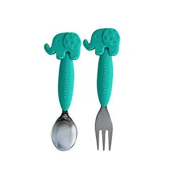 Marcus & Marcus Spoon&Fork Set turquoise elephant handles; two baby feeding utensils shown.