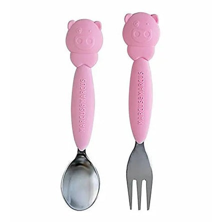 Marcus & Marcus Spoon&Fork Set with pink handles featuring panda faces, showing a spoon and a fork.