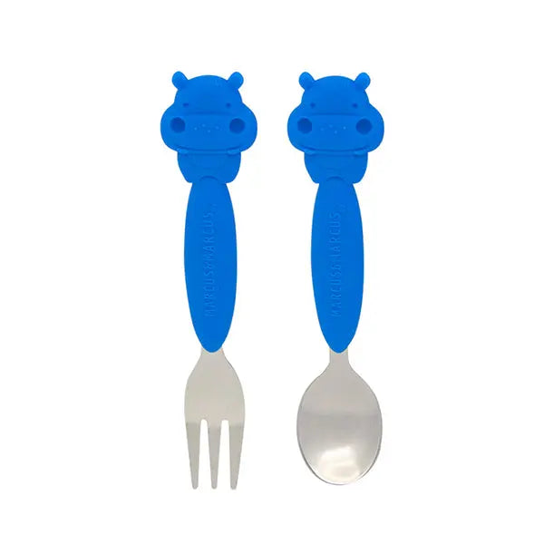 Marcus & Marcus Spoon & Fork Set in blue with hippo-shaped handles; two baby utensils ready for feeding.