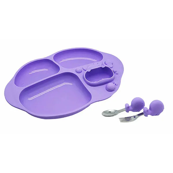 Marcus & Marcus Toddler Dining Set silicone purple divided plate with three compartments and matching spoon and fork