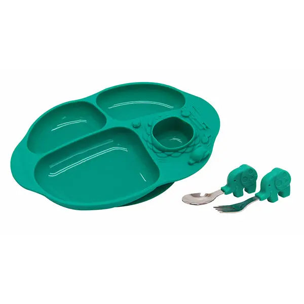Marcus & Marcus teal silicone toddler dining set with elephant-handled spoon and fork beside a multi-compartment plate.