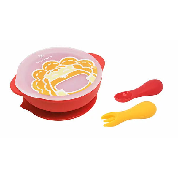 Marcus & Marcus Toddler First Self Feeding Set: red bowl with pink lid, red spoon and yellow fork for self-feeding.