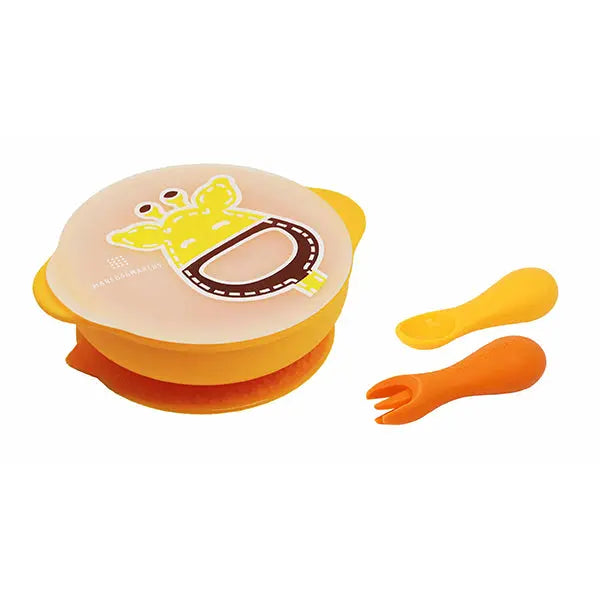 Marcus & Marcus Toddler First Self-Feeding Set with yellow divided plate and two orange utensils.