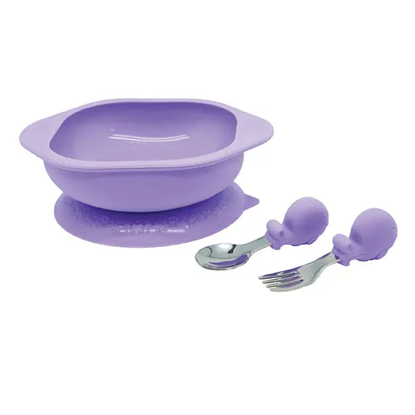 Marcus & Marcus Toddler Mealtime Set: purple silicone suction bowl with lid and skull-handled spoons and forks