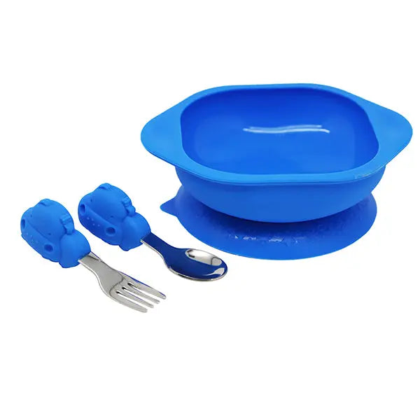 Marcus & Marcus Toddler Mealtime Set: blue suction-bowl with base; blue animal-head forks and spoons sit beside.