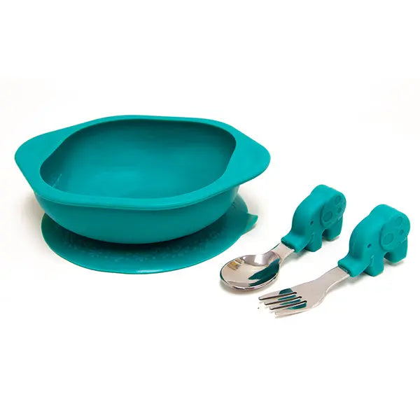 Marcus & Marcus Toddler Mealtime Set turquoise silicone bowl and plate with elephant-handle spoons and forks.