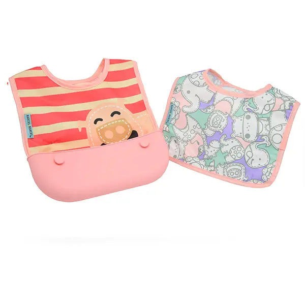 Marcus & Marcus Travel Bib set: pink striped bib with pacifier motif and pocket, plus pastel printed bib.