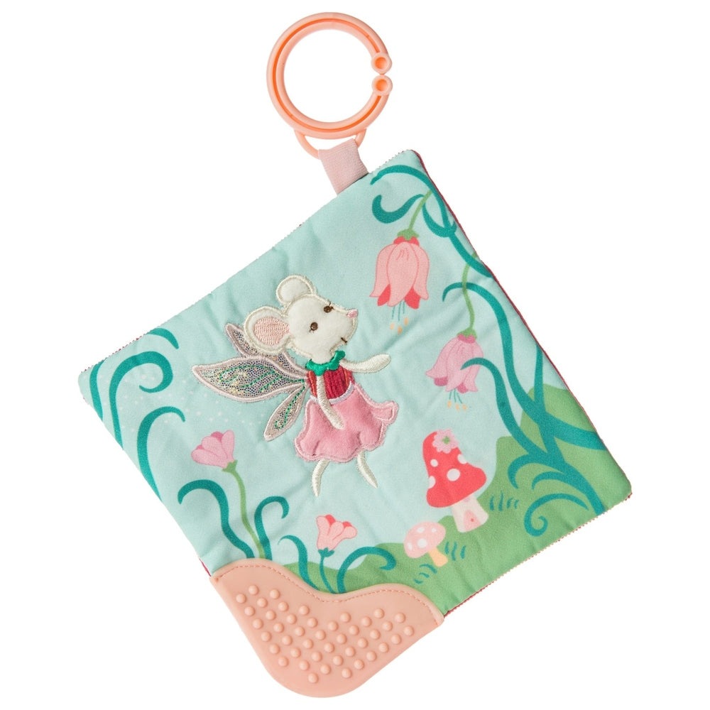 Mary Meyer Fairyland Mouse Crinkle Teether with pink silicone ring clip on teal fabric and winged mouse design