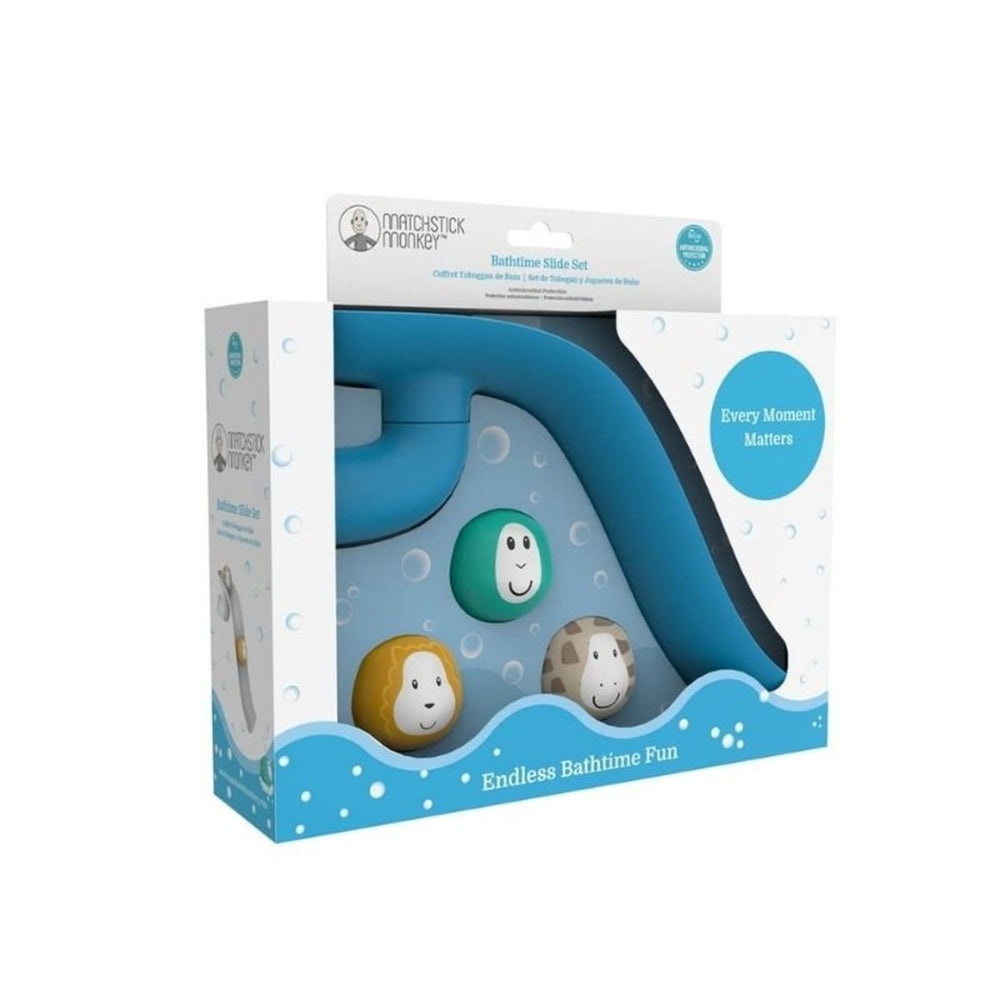 Matchstick Monkey Bathtime Slide Set Blue bath toy with three smiling animal figures.