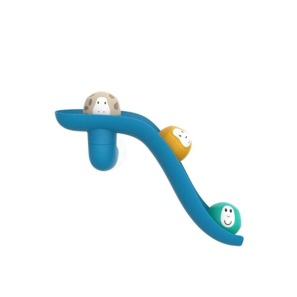 Matchstick Monkey Bathtime Slide Set Blue with three smiling character balls