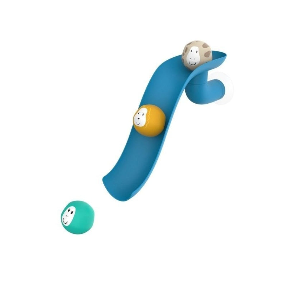 Matchstick Monkey Bathtime Slide Set Blue bath toy with smiling blue track and three ball characters
