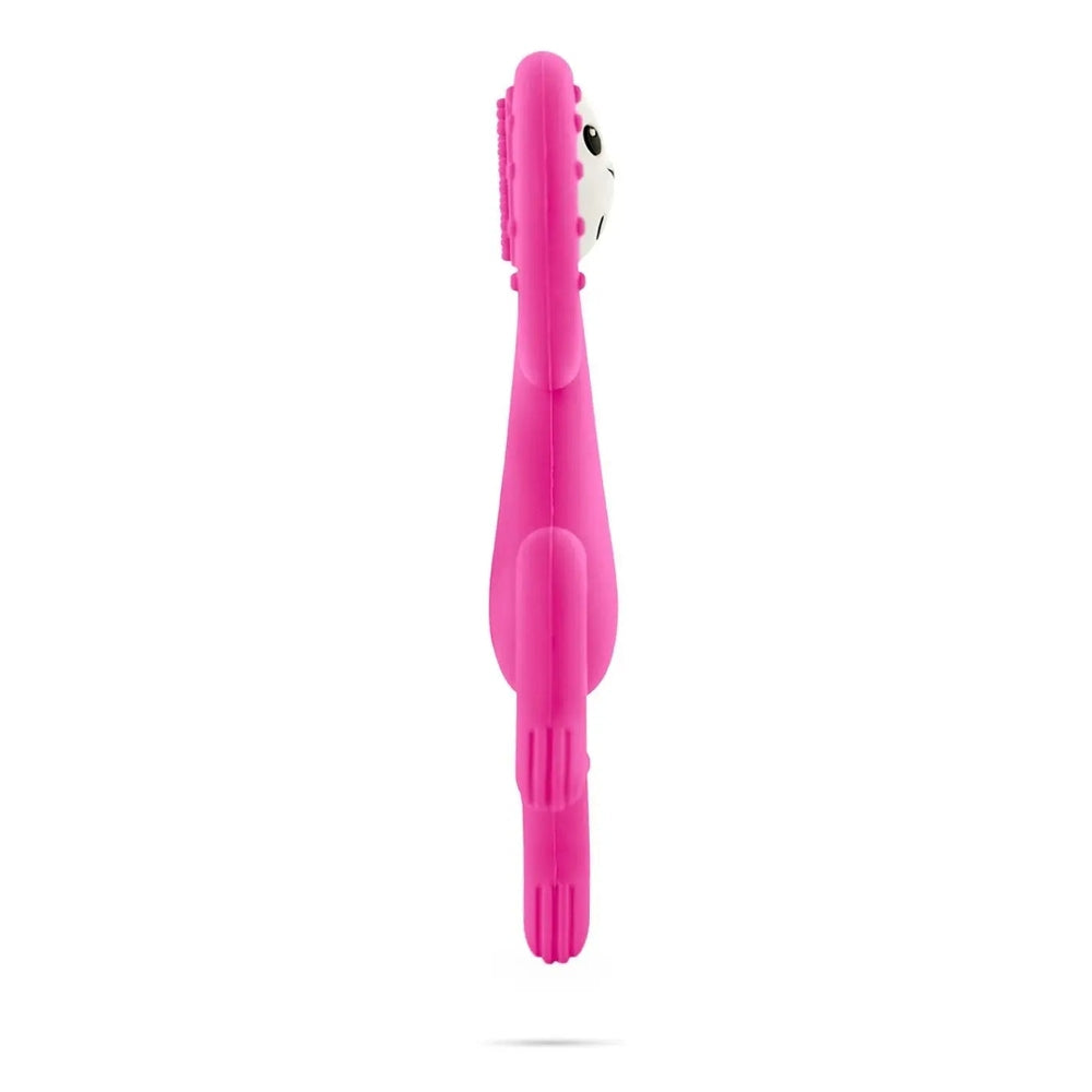 Matchstick Monkey Dancing Monkey Teether in pink silicone with textured ridges on limbs, designed for infant teething.