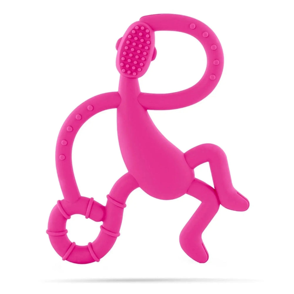 Matchstick Monkey Dancing Monkey Teether in bright pink silicone, textured head and looping arms gripping a ring.