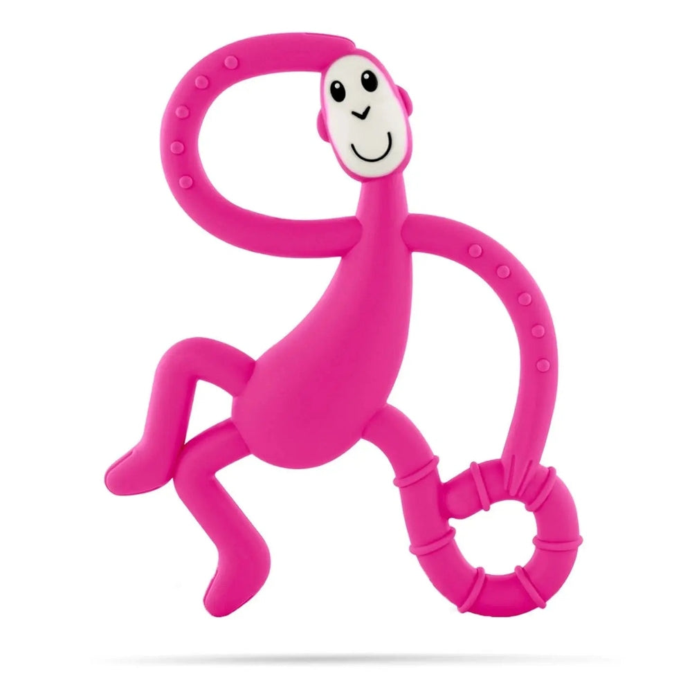 Matchstick Monkey Dancing Monkey Teether in pink silicone, shown dancing on one leg with a ring-tail grasp toy.