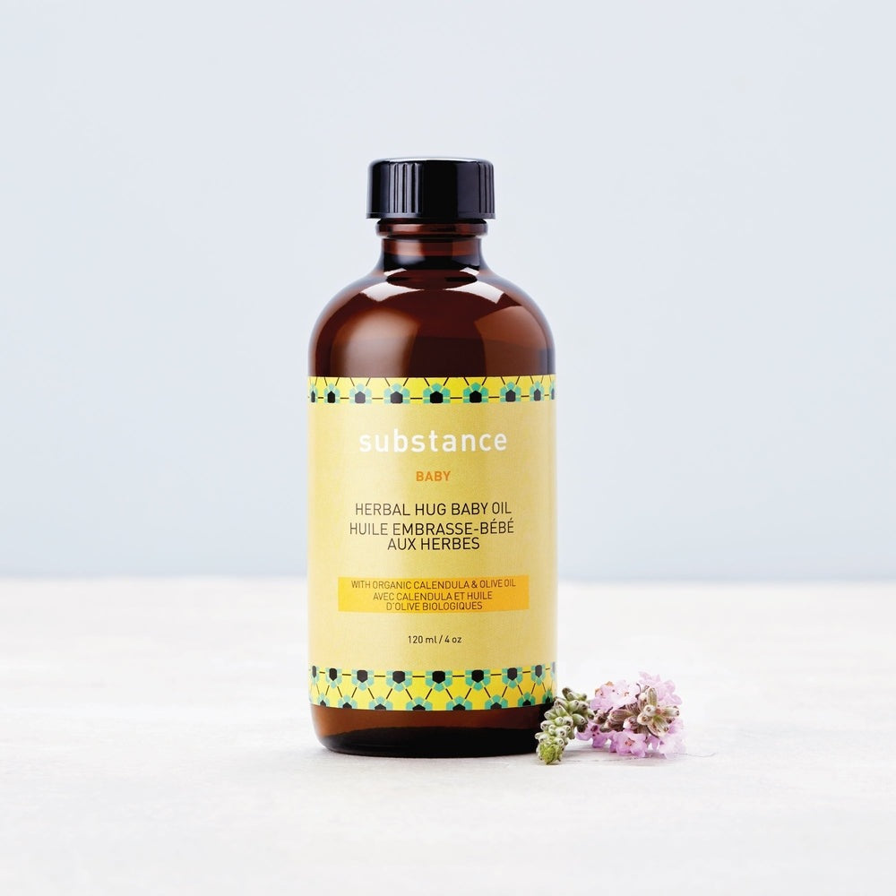 Matter Company Herbal Hug Baby Oil 4 oz amber glass bottle with yellow label