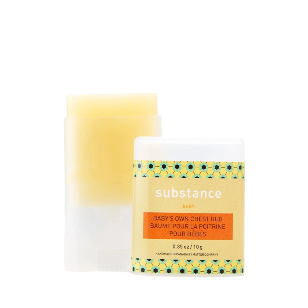 Matter Company Substance Baby's Own Chest Rub, 10 g jar with yellow label and turquoise geometric band