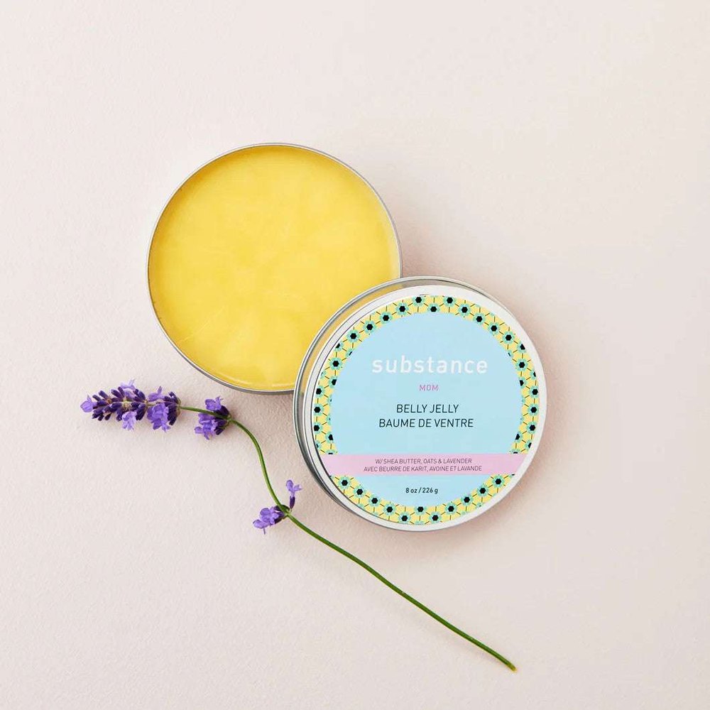 Matter Company Substance Belly Jelly tin with pale blue label and yellow jelly, lavender sprig beside