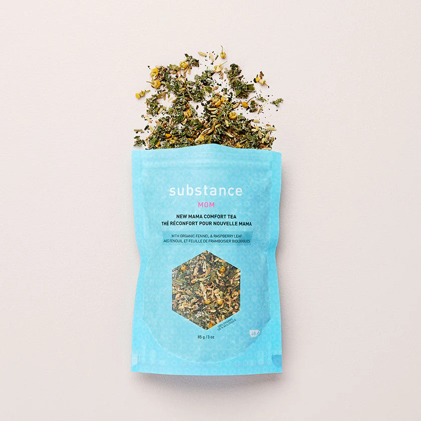 Matter Company Substance New Mama Comfort Tea blue package with loose herbal tea spilling