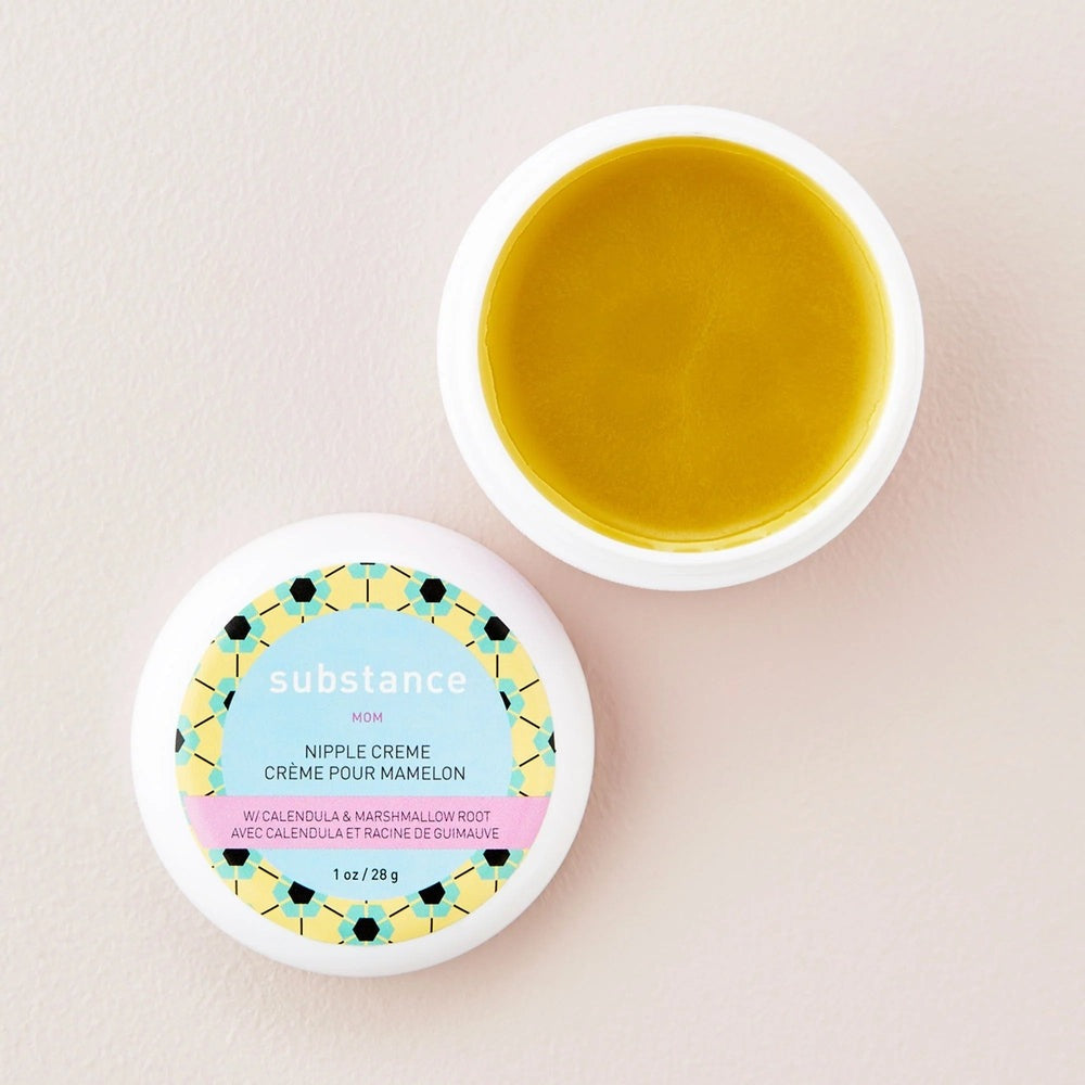 Matter Company Substance nipple cream jar with bright yellow cream and patterned lid label