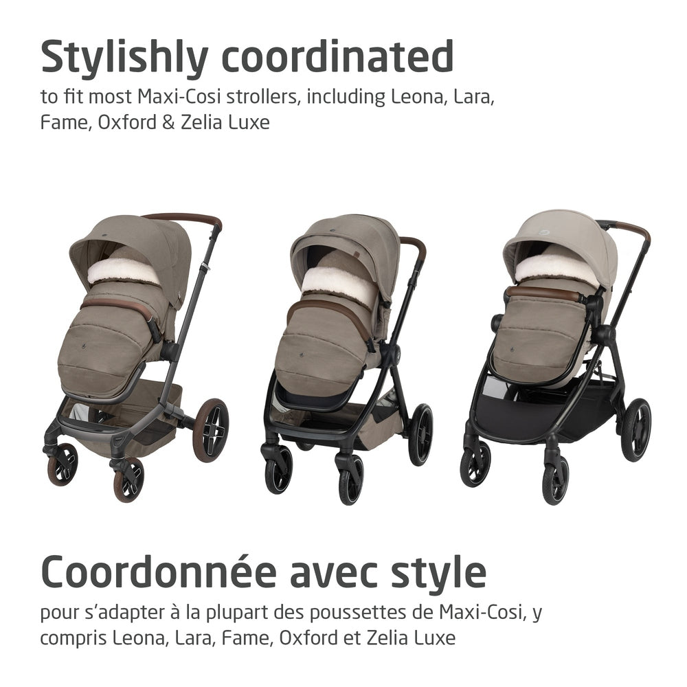 MAXI COSI 2 In 1 Footmuff Twillic Truffle on beige strollers, showing cozy fur lining keeping baby warm.