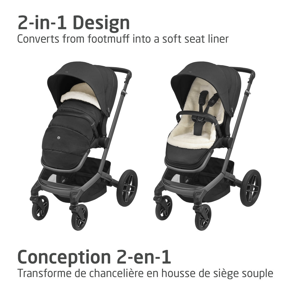 MAXI COSI 2 In 1 Footmuff Twillic Black on a stroller, showing footmuff in use and plush cream-lined seat liner.