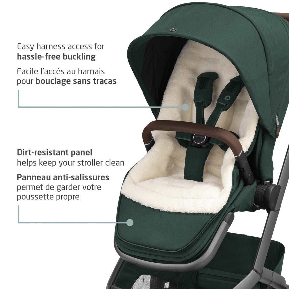 MAXI COSI 2 In 1 Footmuff Twillic Green on a stroller with plush lining and easy, secure harness buckling.