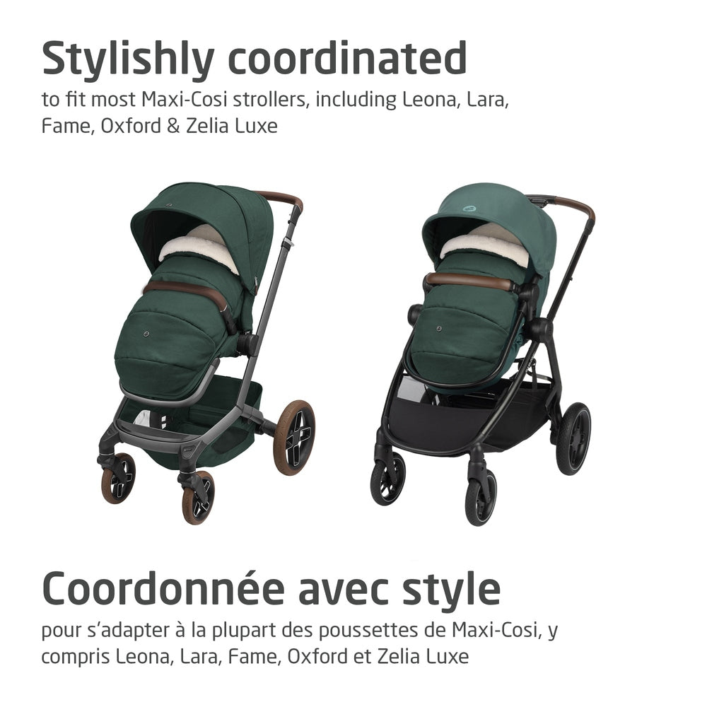 Maxi-Cosi 2 In 1 Footmuff Twillic Green attached to two strollers, showing warm quilted lining.