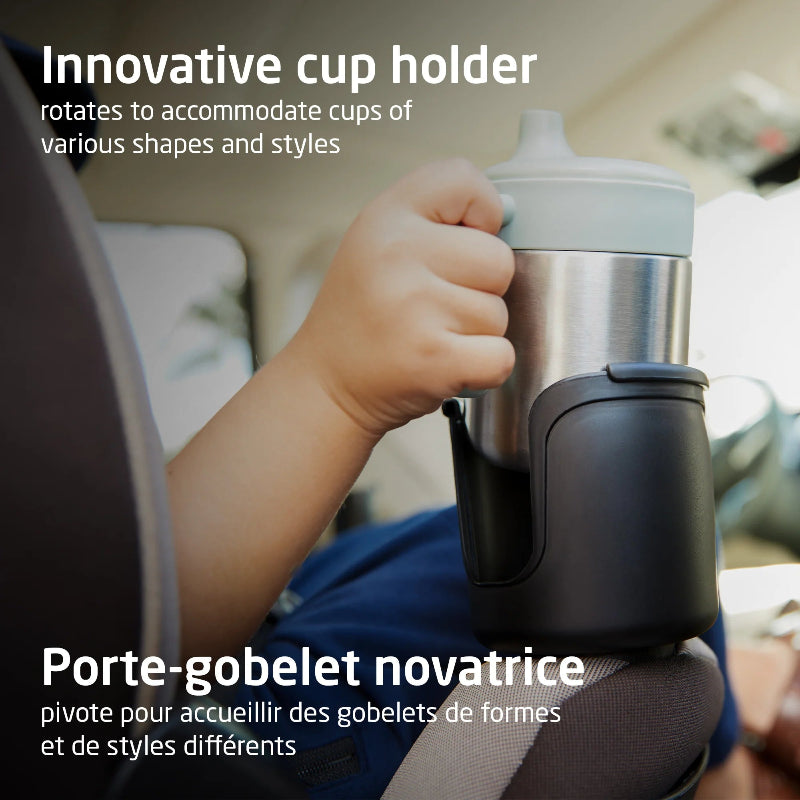 Maxi Cosi Andi 360 convertible car seat with built-in black cup holder and stainless steel cup in car interior