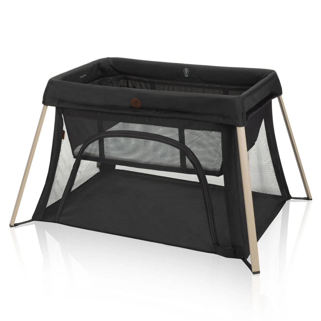 Maxi-Cosi Calao Travel Crib in Beyond Graphite, front three-quarter view