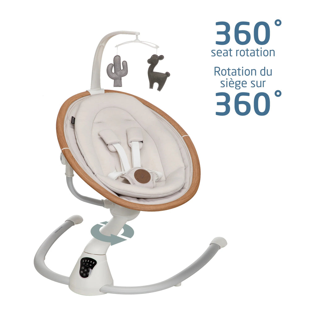 MAXI COSI Cassia Swing with 360 seat rotation, wood-rimmed white padded seat and overhead toys