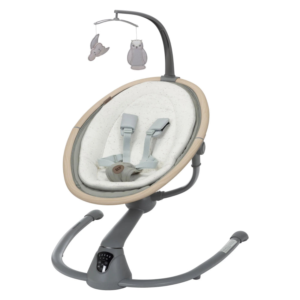 Maxi-Cosi Cassia Swing in grey frame with speckled beige seat; overhead plush-mobile spins for soothing baby swing.